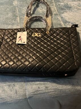Quilted Black Tote with Gold Chain Handles